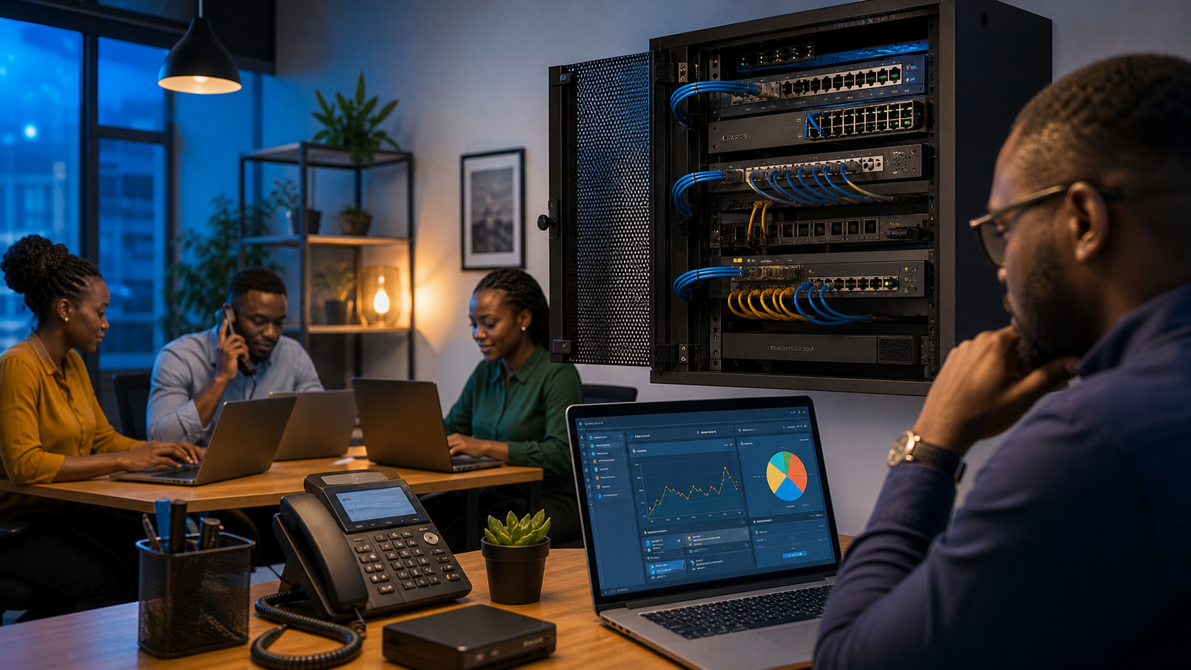Kenyan business team using a reliable professional router and office network
