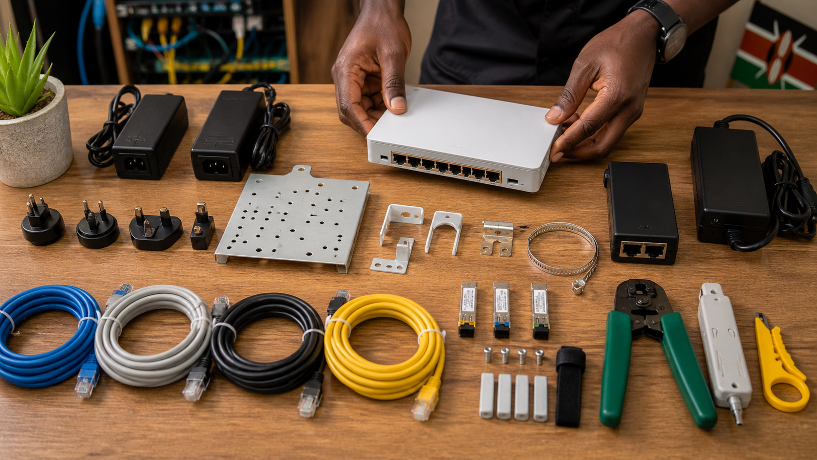 MikroTik networking accessories and installation tools arranged in a Kenyan workshop