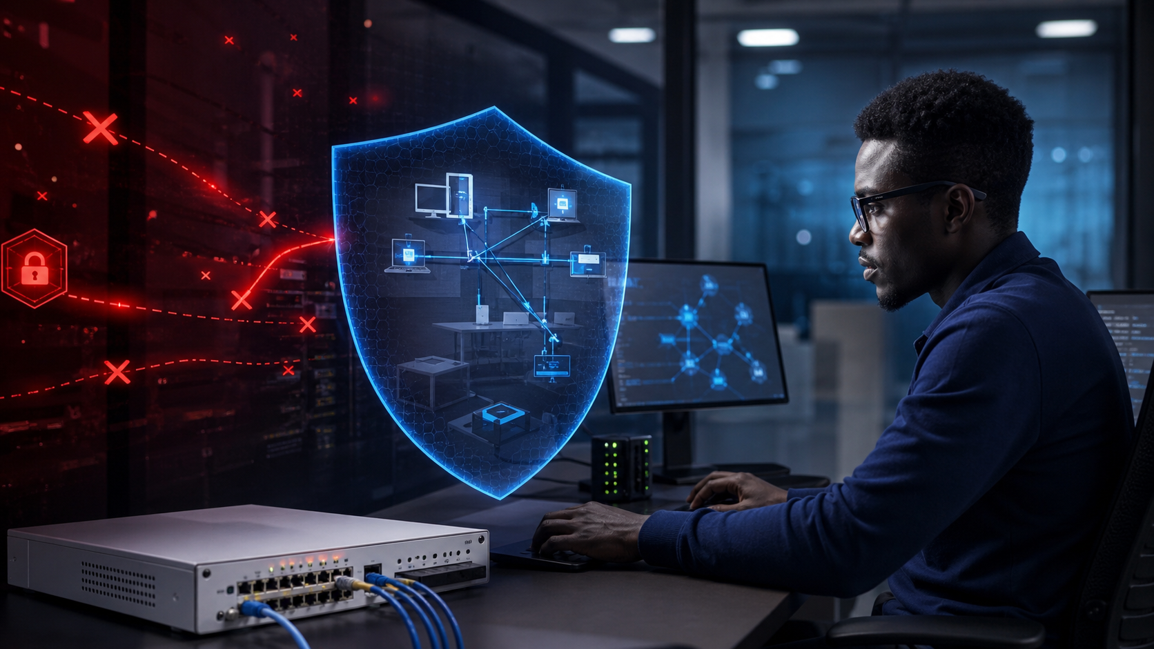 Kenyan cybersecurity engineer protecting an office network with router firewall rules