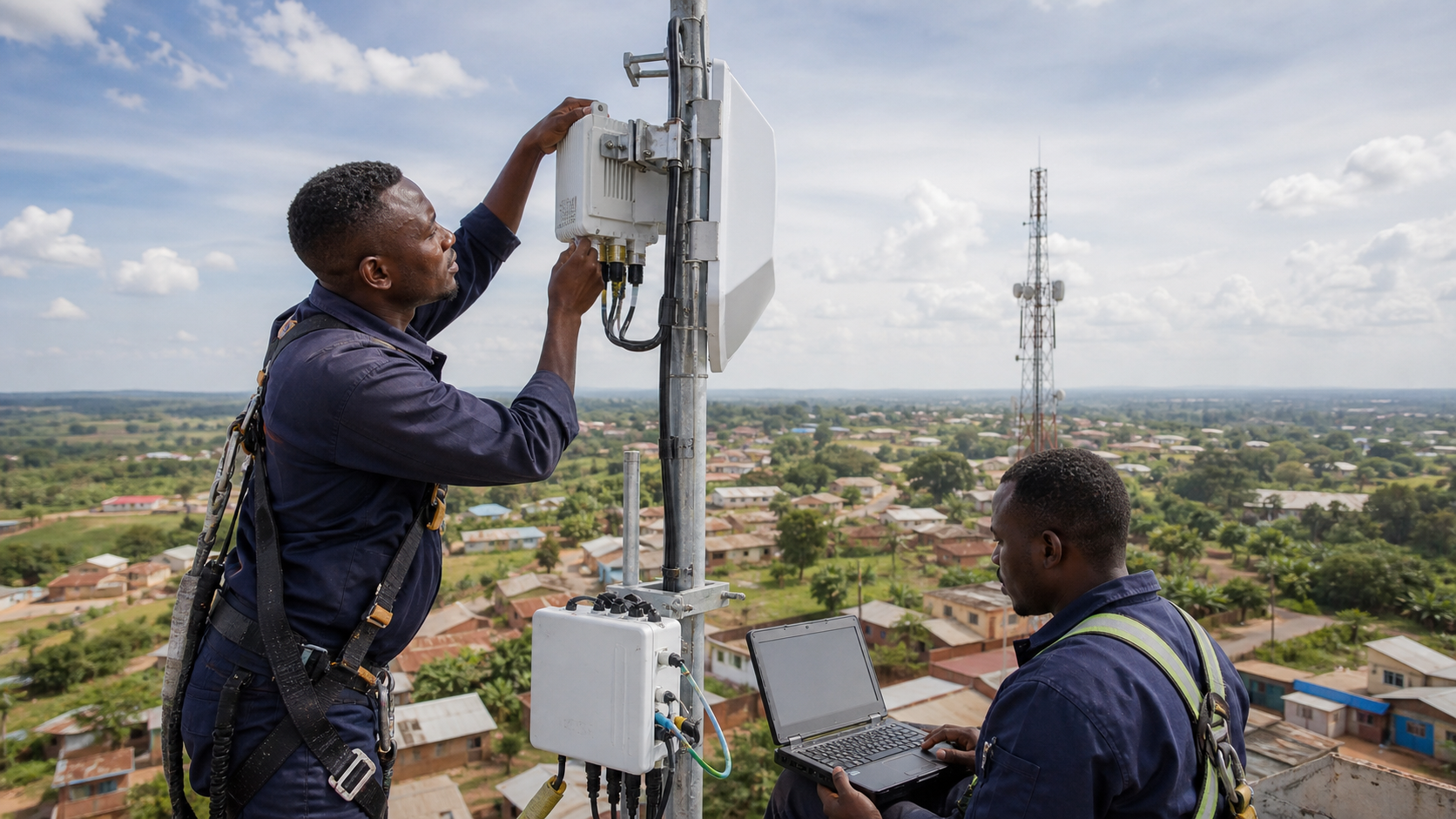 Kenyan WISP technicians installing MikroTik wireless broadband equipment