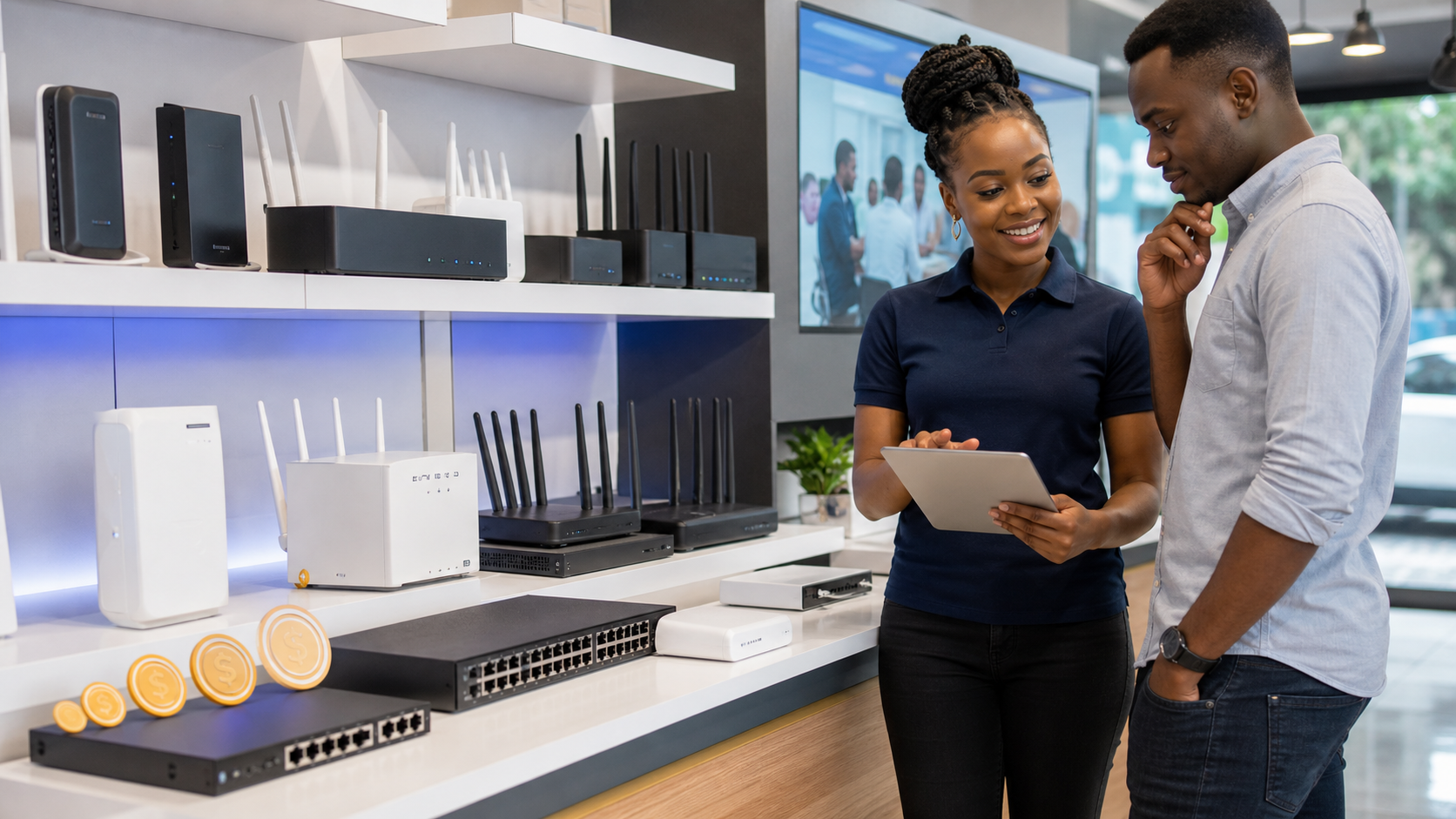 Customer comparing MikroTik router options and prices in a Kenyan networking showroom