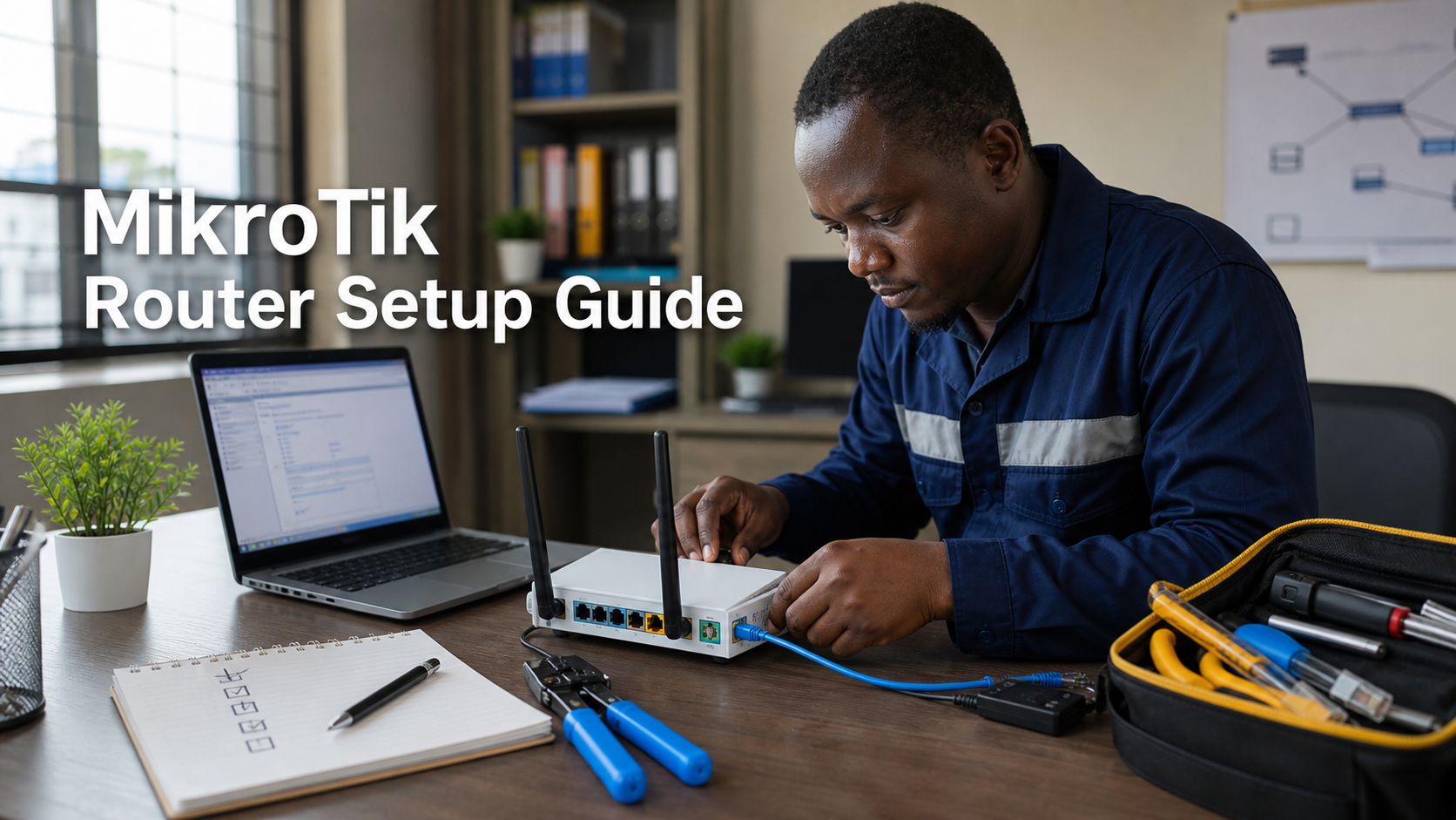 Kenyan network technician connecting and configuring a new router step by step