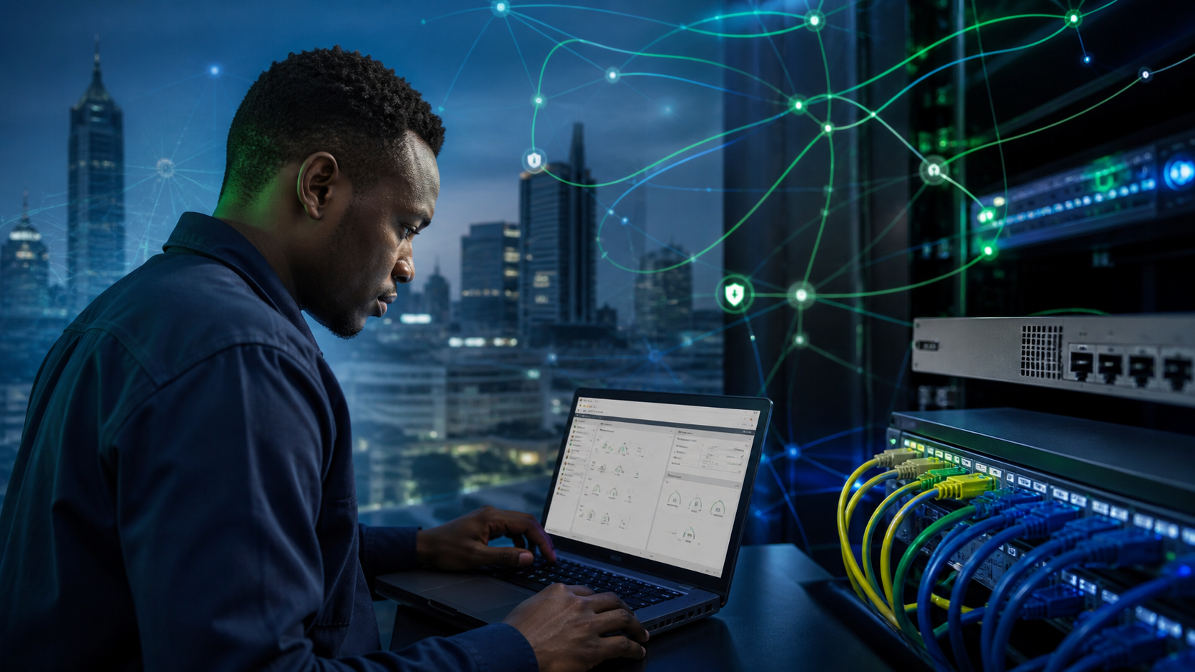 Kenyan network engineer managing a secure RouterOS network in Nairobi