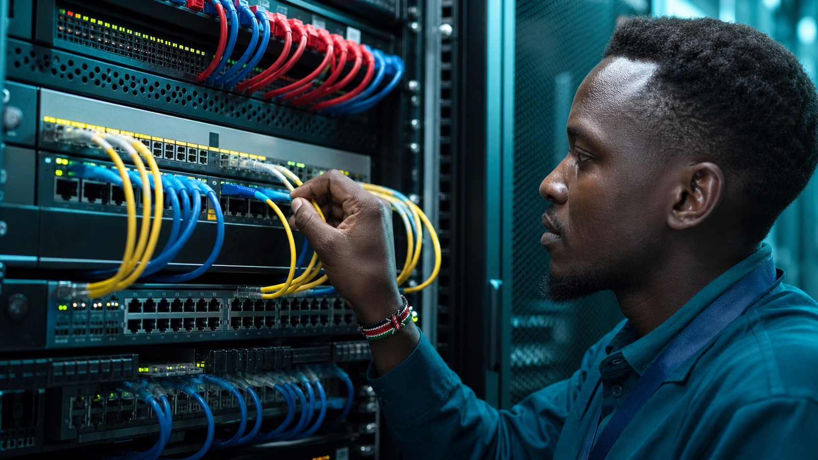 Kenyan technician connecting managed network switches in a server rack