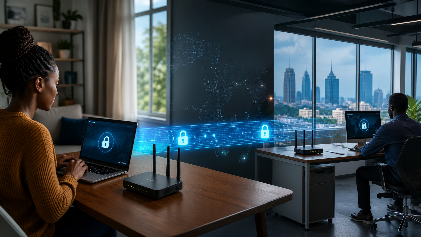 Secure VPN connection between a Kenyan remote worker and Nairobi office network