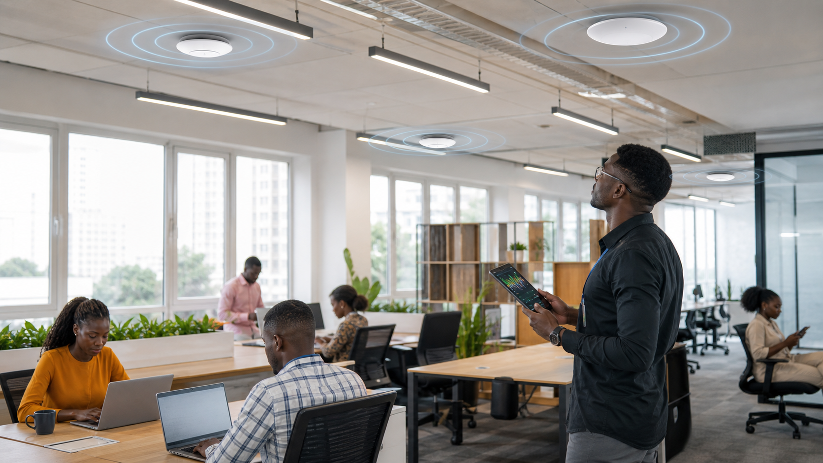 Network technician checking wireless access point coverage in a Kenyan office