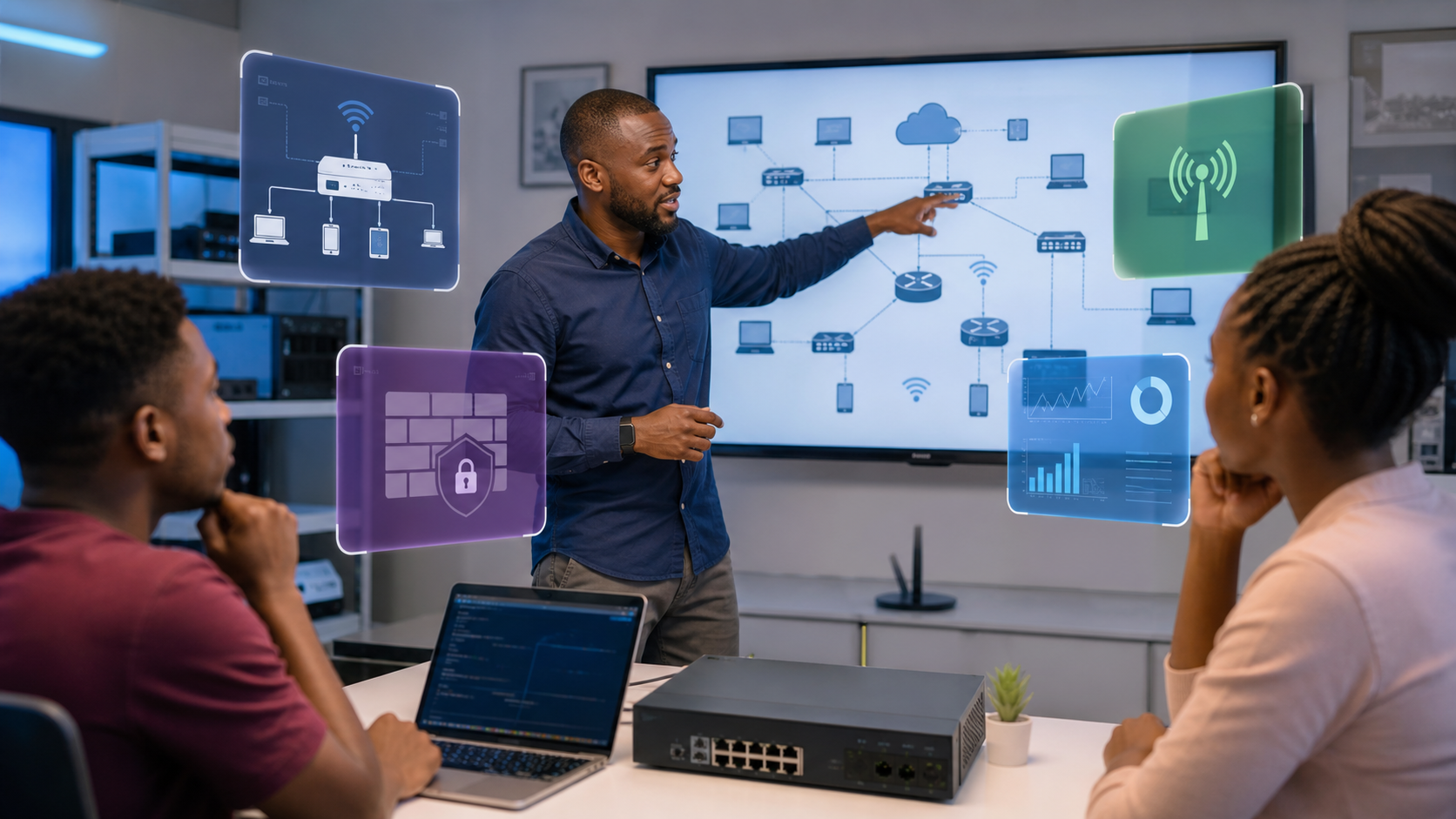 Kenyan instructor explaining RouterOS routing firewall wireless and monitoring features
