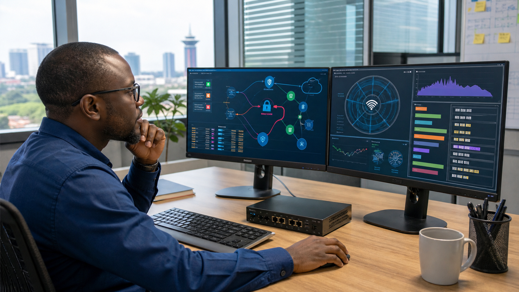 Kenyan network engineer reviewing RouterOS routing firewall VPN and monitoring features