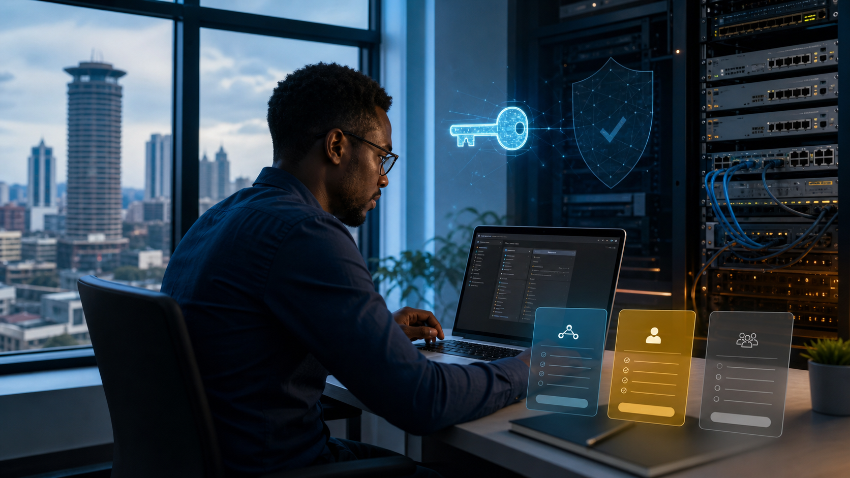 Kenyan network administrator reviewing RouterOS licence options and secure deployment